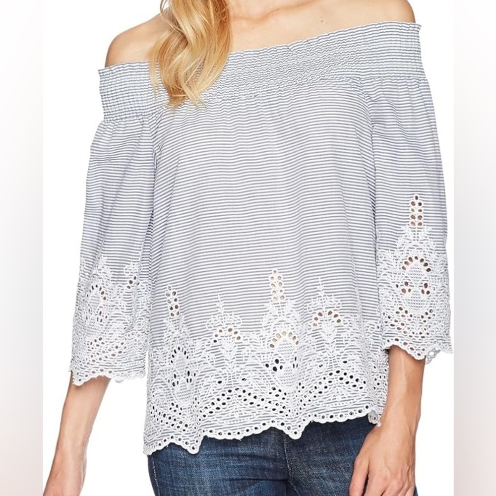 Women’s Tribal Jeans off Shoulder Blue White Striped Embroidered top size S